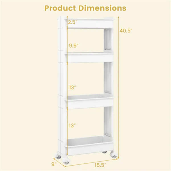 4-Tier DIY Rolling Storage Cart, 15.5 X 9 X 40.5 With Detachable Ventilated Trays For Kitchen & Bathroom