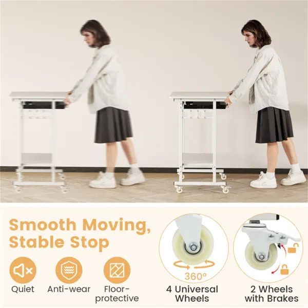White Mobile Computer Desk With Keyboard Tray & Storage Shelf, 360 Lockable Casters For Home Office