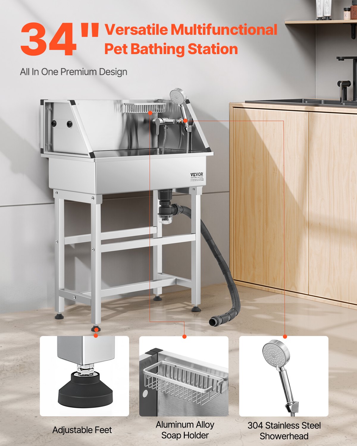 86.4 Cm Stainless Steel Dog Washing Station, Pet Grooming Tub With & Cold — image 4