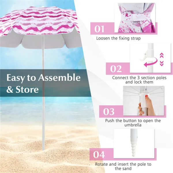 4-Piece Beach Set With 6.2ft Sun-Proof Umbrella, 2 Folding Chairs & 80 X 80 Waterproof Blanket-Pink