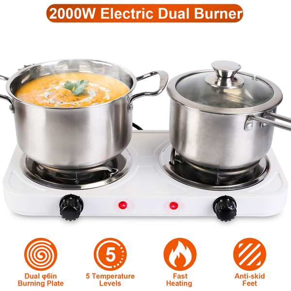 Double Burner Electric Hot Plate, 2000W Fast Heating With 5 Temperature Levels, Portable Stainless Steel Hot Plate For Home Dorm RV