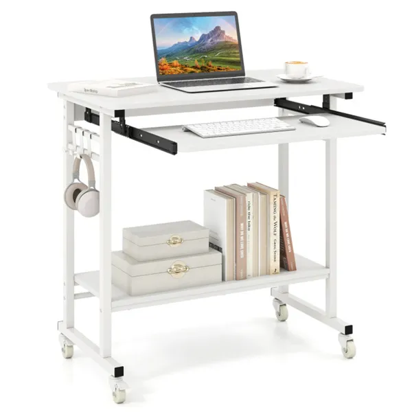 White Mobile Computer Desk With Keyboard Tray & Storage Shelf, 360 Lockable Casters For Home Office