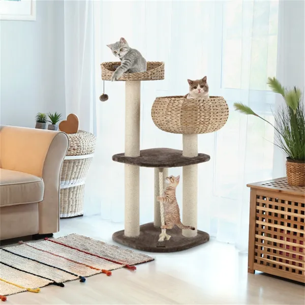 41 Inch Hand-Woven Water Hyacinth Cat Tree, 3 Sisal Scratching Posts Multi-Level Activity Center For Cats-Brown