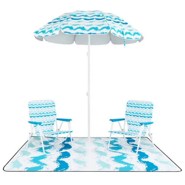 4-Piece Beach Set With 6.2ft Sun-Proof Umbrella, 2 Folding Chairs & 80 X 80 Waterproof Blanket-Blue