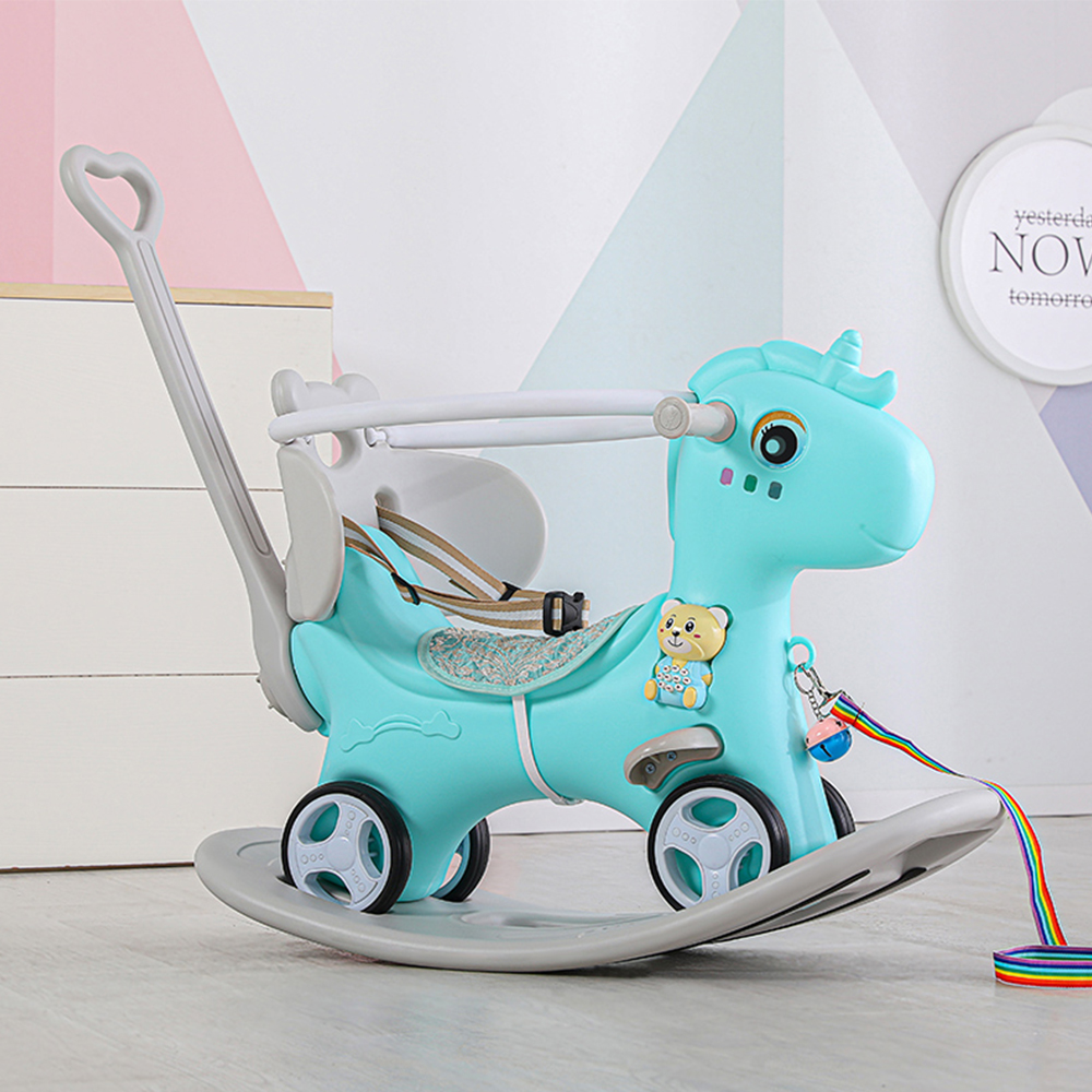 Rocking Horse For Toddlers, Balance Bike Ride On Toys With Push Handle, Backrest And Balance Board For Baby Girl And Boy, Unicorn Kids Riding Birthday Blue - Image 1