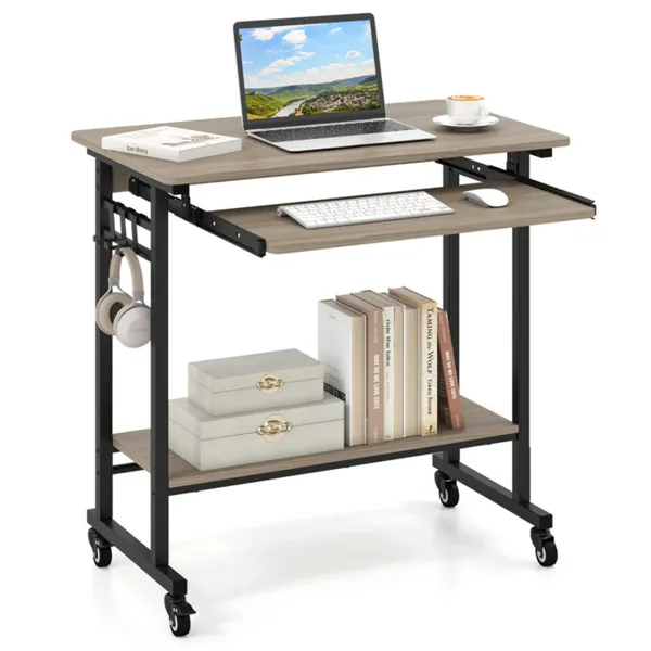Gray Mobile Computer Desk With Keyboard Tray & Storage Shelf, 360 Lockable Casters For Home Office