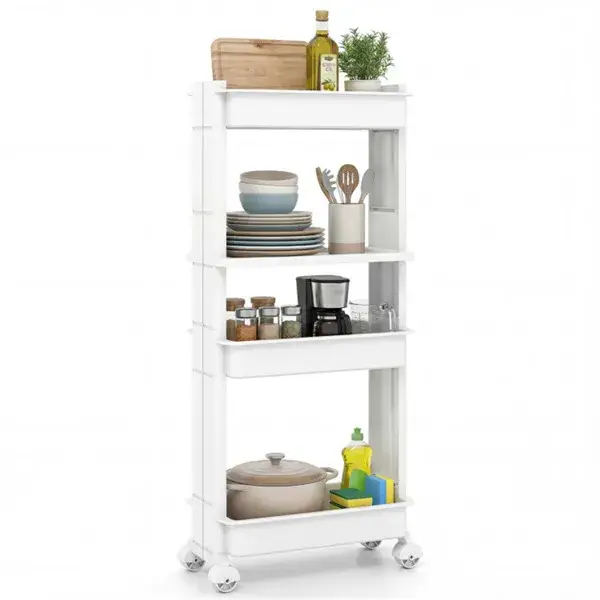 4-Tier DIY Rolling Storage Cart, 15.5 X 9 X 40.5 With Detachable Ventilated Trays For Kitchen & Bathroom