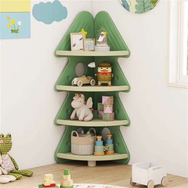 4-Tier Kids Christmas Tree Corner Bookshelf, Anti-Falling Guardrails & Anti-Tipping Kit For 3 Years