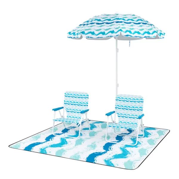 4-Piece Beach Set With 6.2ft Sun-Proof Umbrella, 2 Folding Chairs & 80 X 80 Waterproof Blanket-Blue