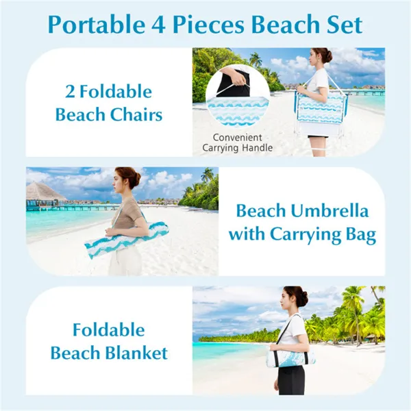 4-Piece Beach Set With 6.2ft Sun-Proof Umbrella, 2 Folding Chairs & 80 X 80 Waterproof Blanket-Blue