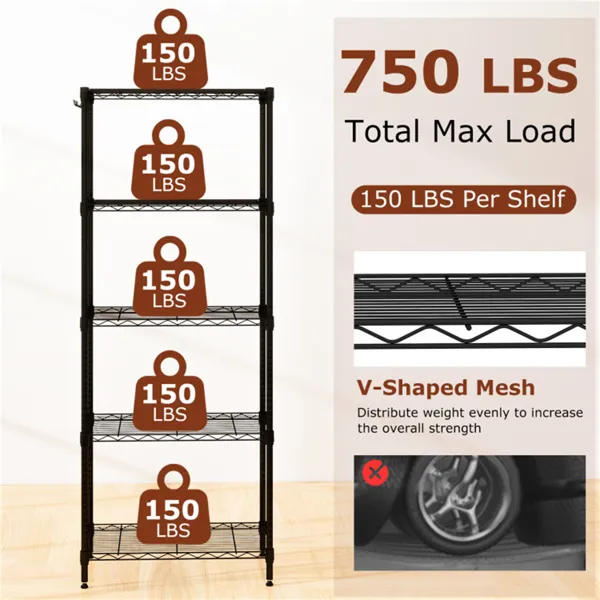 5-Tier Heavy-Duty Metal Wire Shelving, 750 LBS Total Load With Multi-Grade Per Shelf Capacity For Garage & Kitchen