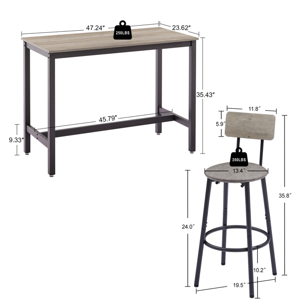 Bar Table Set With 4 Bar Stools PU Soft Seat With Backrest, Grey, 47.24'' L X 23.62'' W X 35.43'' H