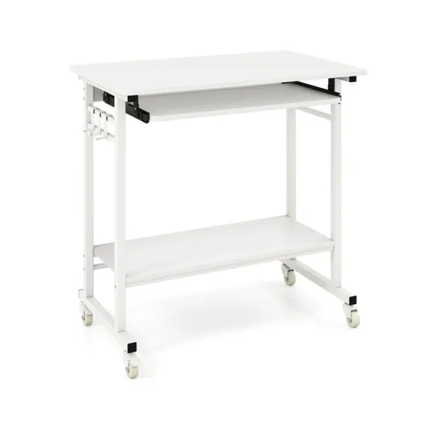 White Mobile Computer Desk With Keyboard Tray & Storage Shelf, 360 Lockable Casters For Home Office