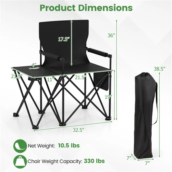 Oversized Foldable Camping Chair With Side Table & Cup Holder, 330 LBS Capacity For Outdoor Use-Black
