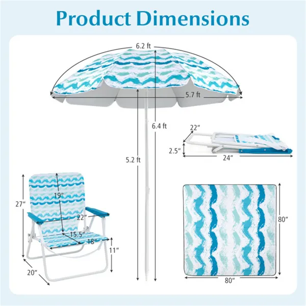 4-Piece Beach Set With 6.2ft Sun-Proof Umbrella, 2 Folding Chairs & 80 X 80 Waterproof Blanket-Blue