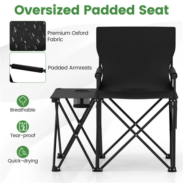 Oversized Foldable Camping Chair With Side Table & Cup Holder, 330 LBS Capacity For Outdoor Use-Black