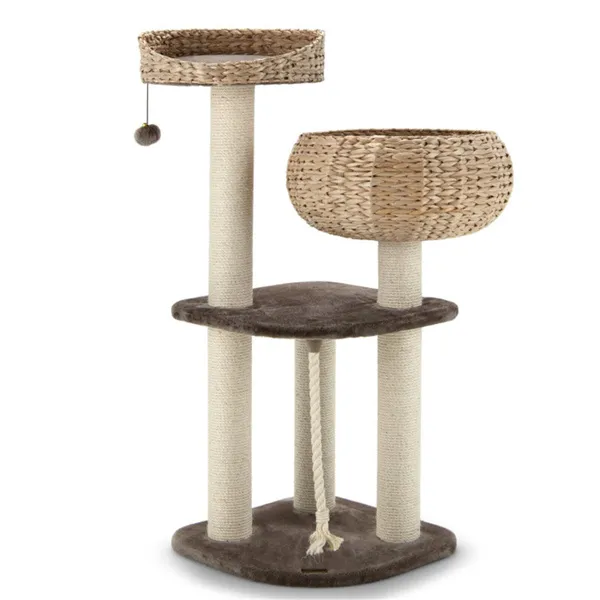 41 Inch Hand-Woven Water Hyacinth Cat Tree, 3 Sisal Scratching Posts Multi-Level Activity Center For Cats-Brown