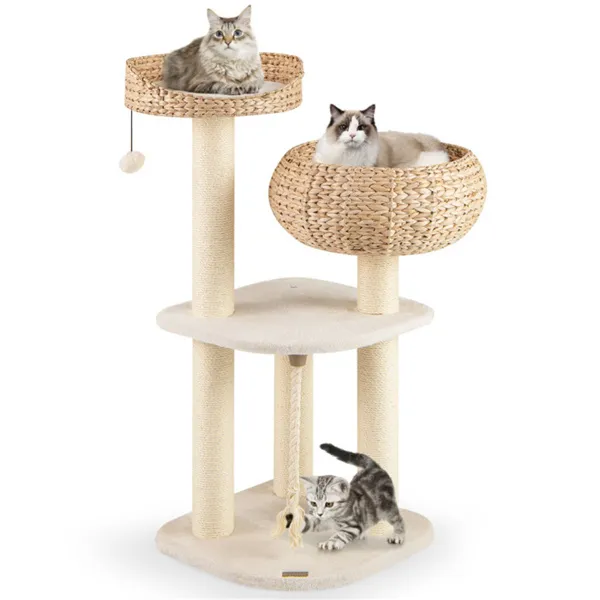 41 Inch Hand-Woven Water Hyacinth Cat Tree, 3 Sisal Scratching Posts Multi-Level Activity Center For Cats-White
