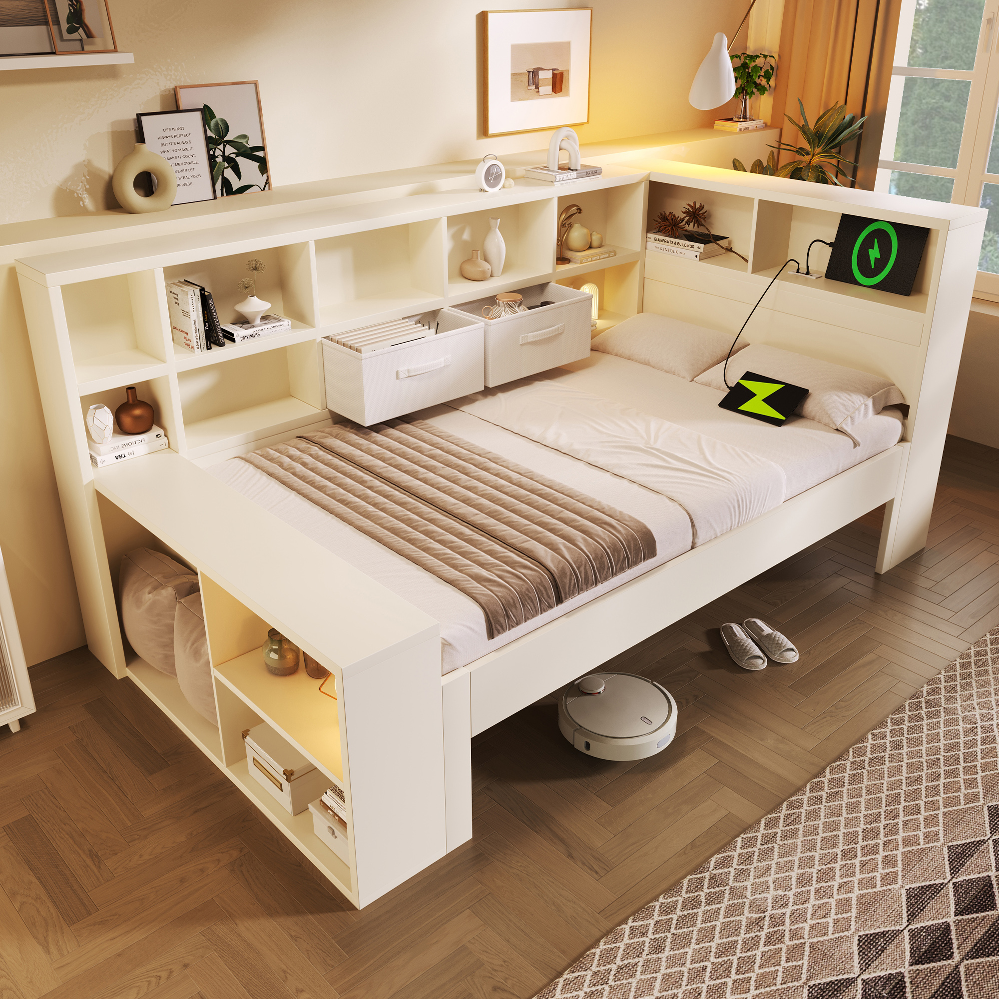Single Daybed With Storage USB Type C Port, 3FT Platform Bed With Bookcase, 90 X190 Cm Multi-functional Wooden Bed Frame For Living Room Bedroom, White No Mattress - Image 1