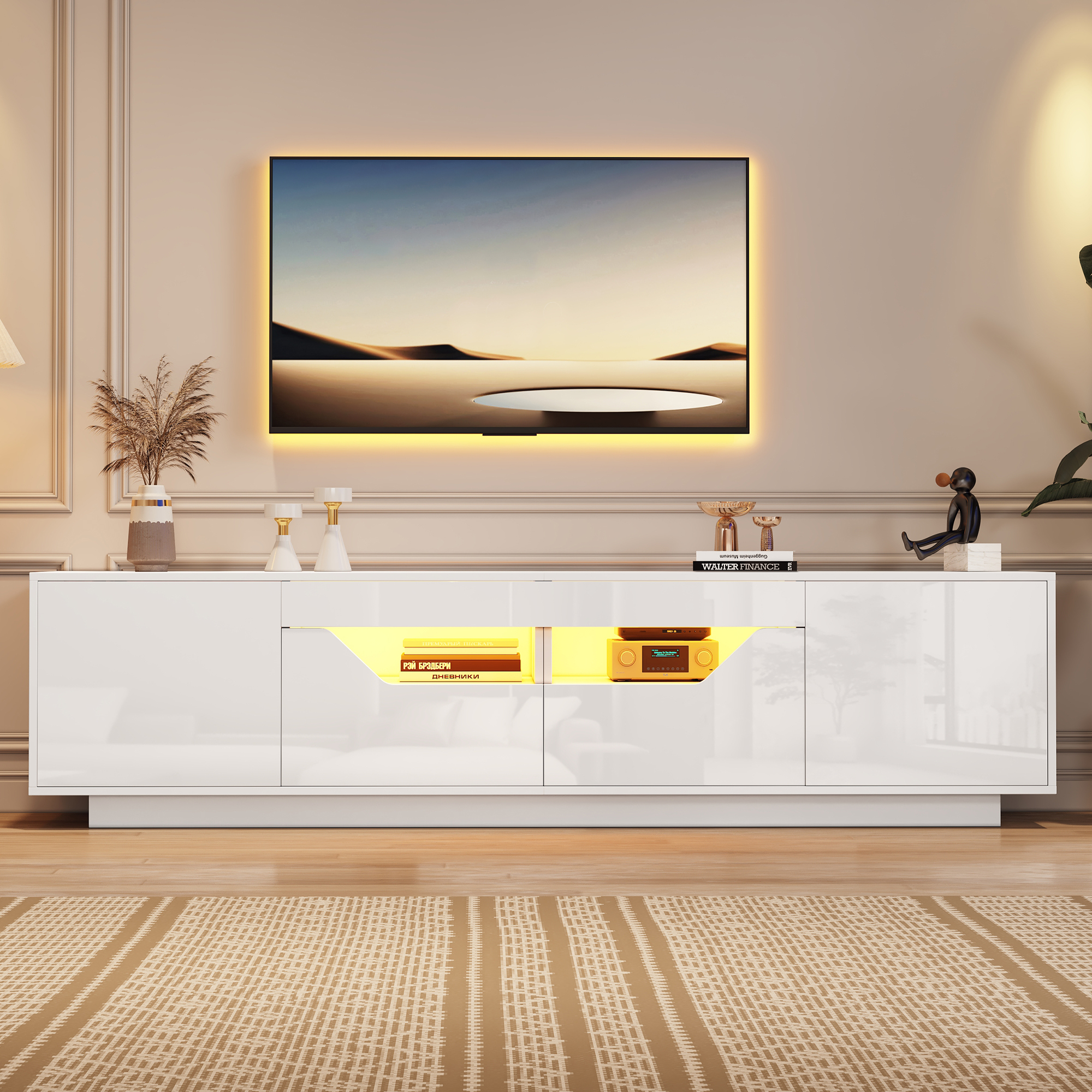 Highgloss TV Stand, 2doors 2drawers 2 Open Storage Areas,TV Cabinet Sideboard — image 4