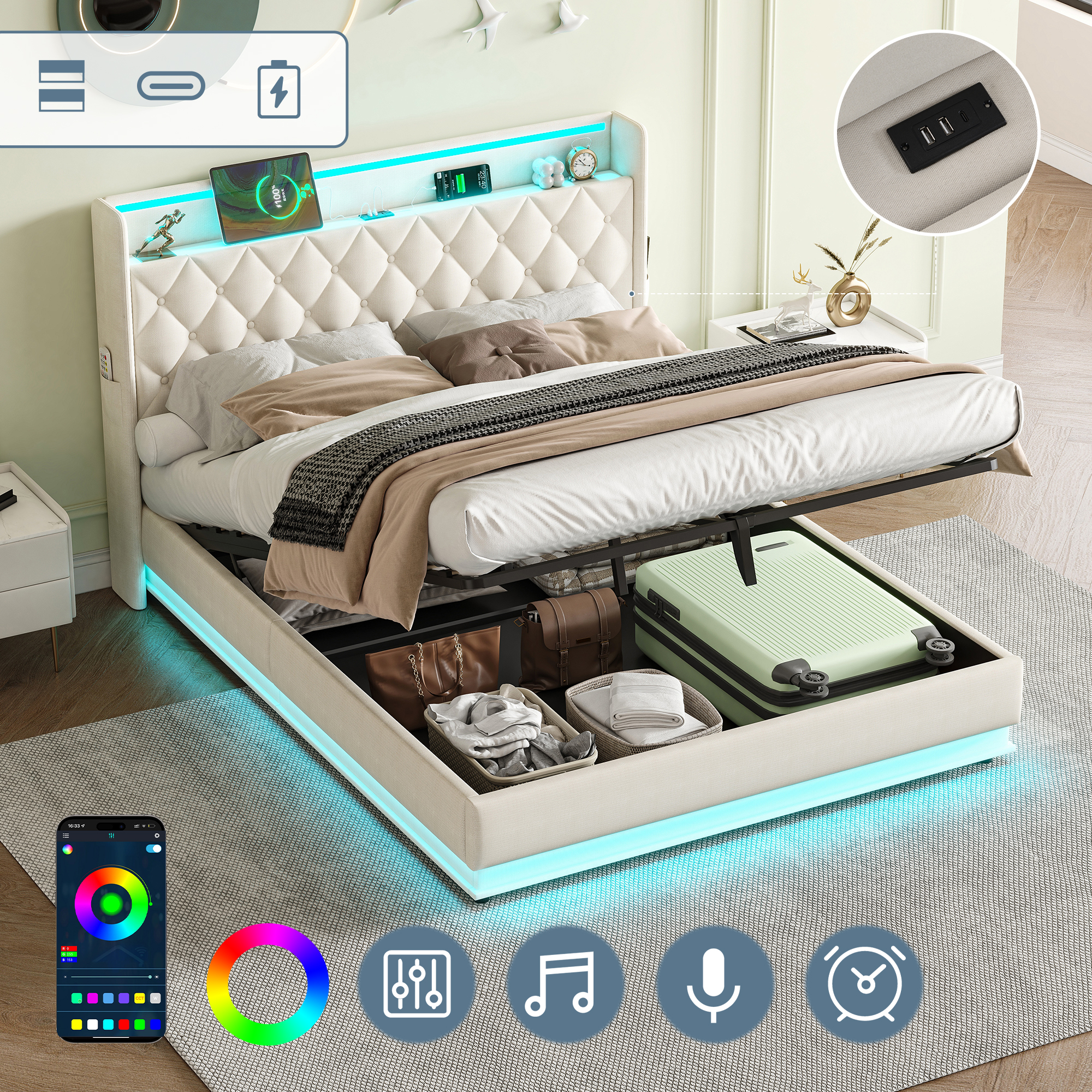 5ft King Upholstered Bed Frame With Hydraulic Storage, Linen Ottoman Bed With LED Lighting And Charging Station, LED Button Tufted Headboard With USB And Type - C Ports, No Box Spring Needed, Beige - Image 1