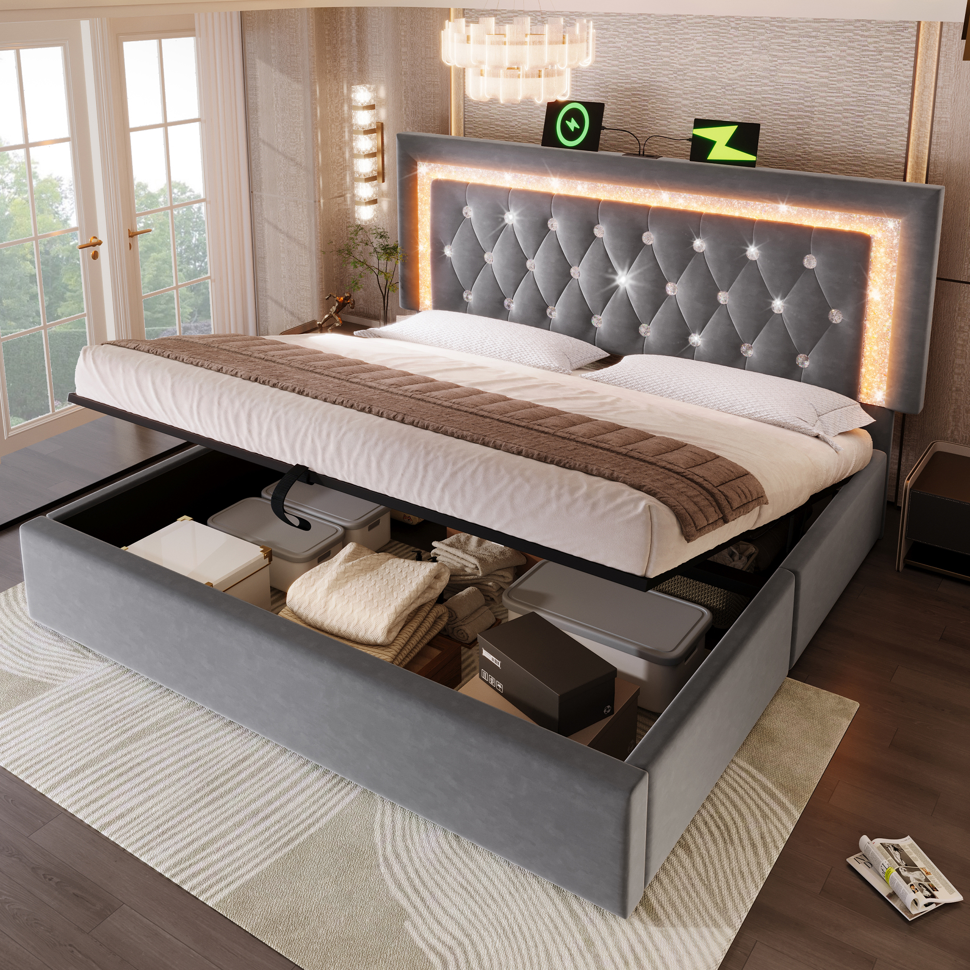 Upholstered Bed 150 X 200 Cm With LED Lighting, USB Type-C Charging, 5ft Hydraulic Storage Bed With Adjustable Diamond Tufted Headboard, Velvet, Grey No Mattress - Image 1