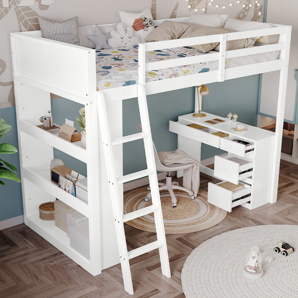 Wooden Bed, Teenage 4-step Ladder, Desk With 4 Drawers, 3 Rows Of Shelves Under — image 3