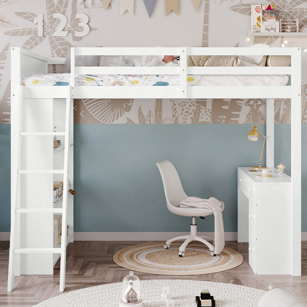 Wooden Bed, Teenage 4-step Ladder, Desk With 4 Drawers, 3 Rows Of Shelves Under — image 4