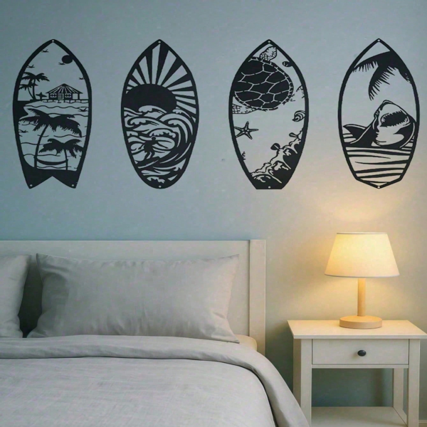 CIFbuy 4 Piece Metal Surfboard Wall Art Coastal Beach House Decor Modern Sculpture For Living Room Bedroom Kitchen Gift(TikTok, Temu Pick-up Service)