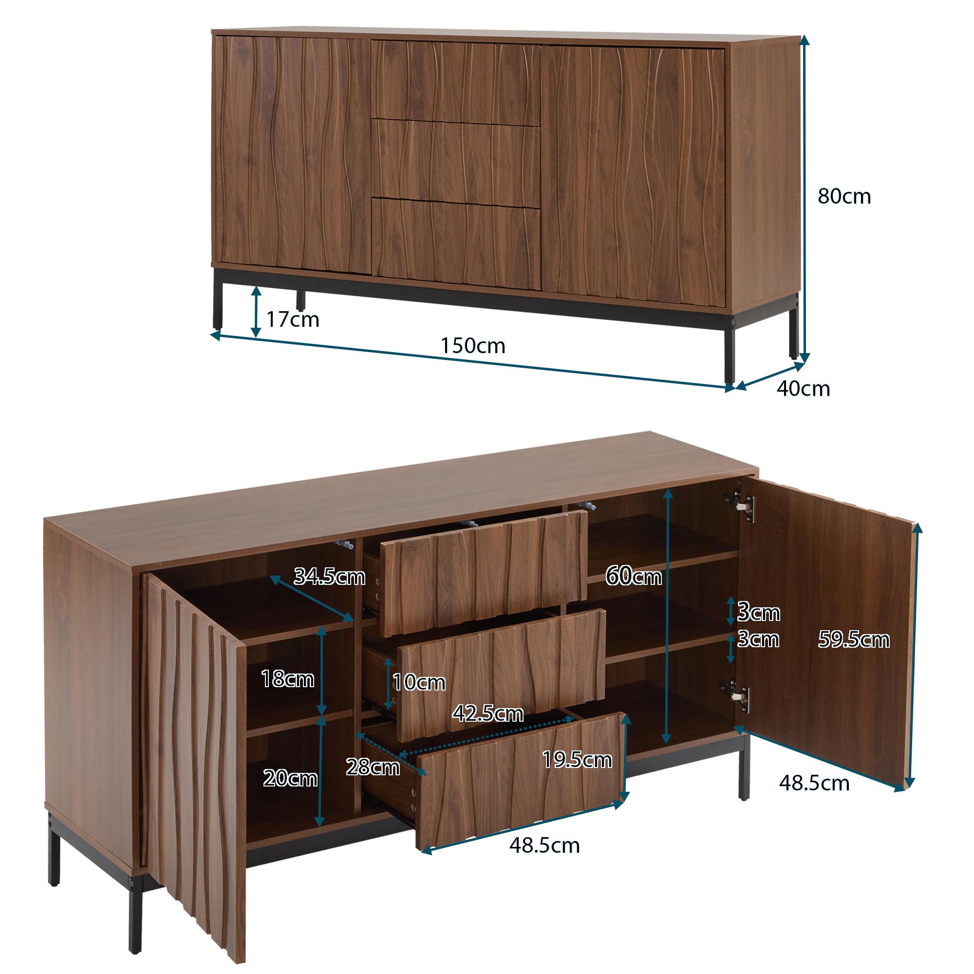 150x40x80cm Dark Oak Grain Sideboard, 3 Drawers, Large Kitchen Cabinet, Single — image 3