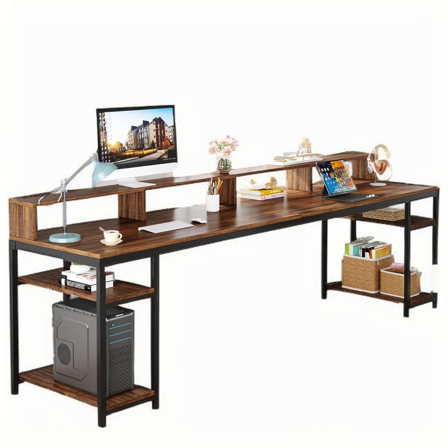 Two Person Desk With Monitor Stand, 78.74" Long Double Computer Office Desk With Storage Shelves, Large Gaming Study Writing Table 5