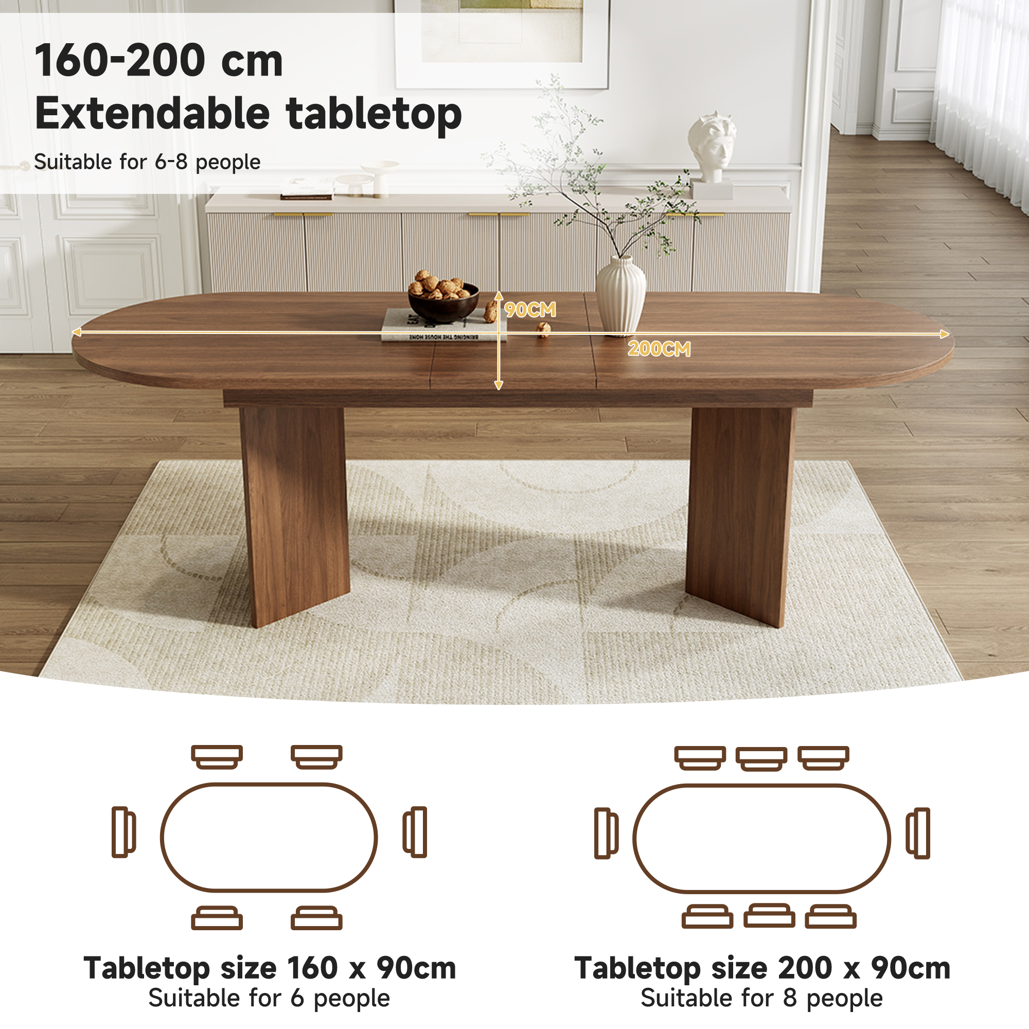 Extendable Dining Table 160-200 X 90 Cm, Suitable For 6-8 People, With Rounded — image 4