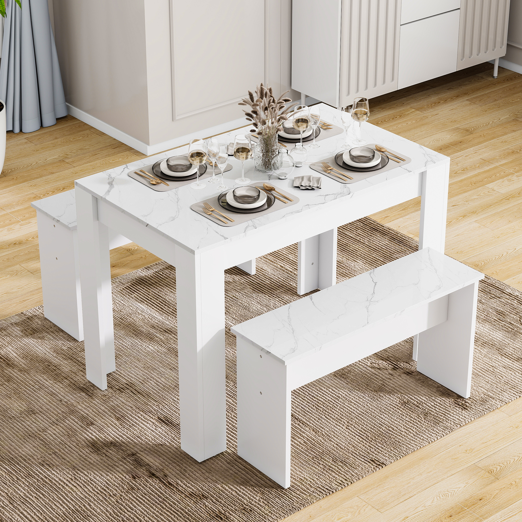 Dining Table With 2 Benches Set For Kitchen, Room, Small Space Artificial — image 2