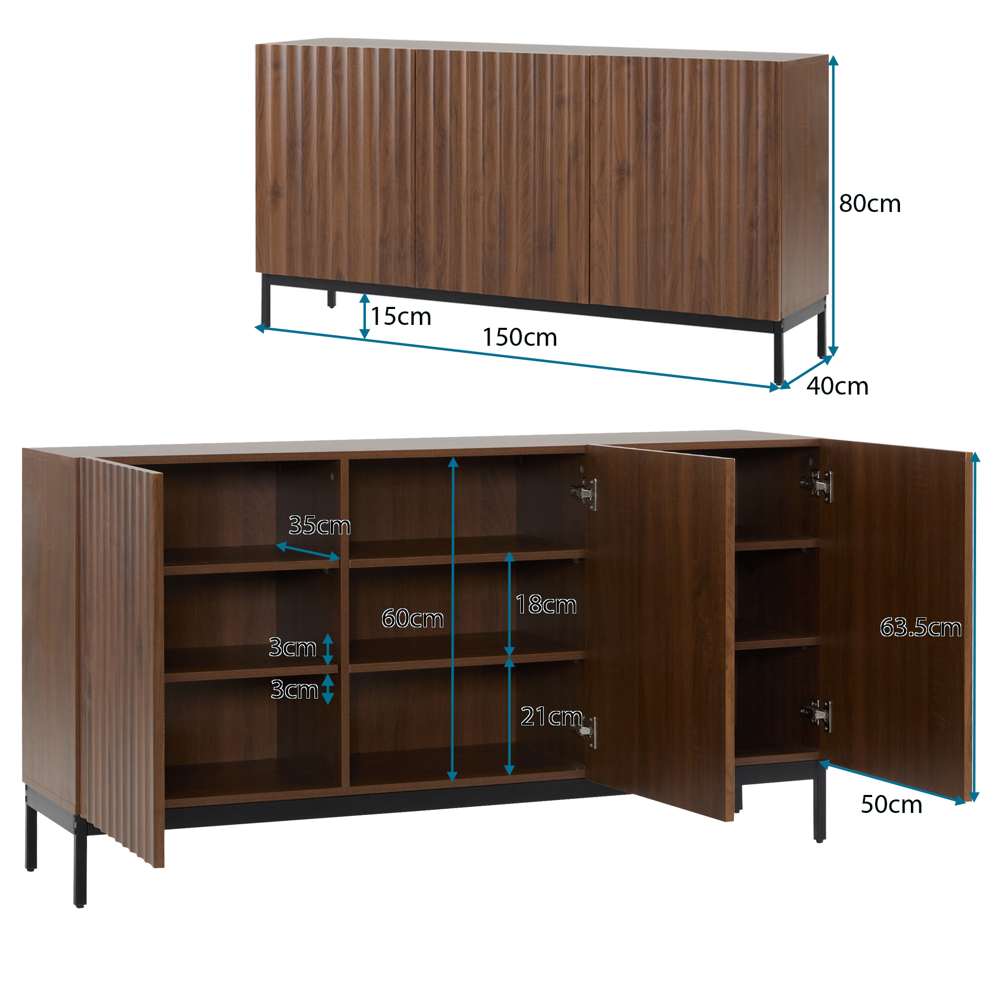 150x40x80cm Dark Oak Grain Sideboard, Mid-century Modern Decorative Cabinet, 3 — image 4