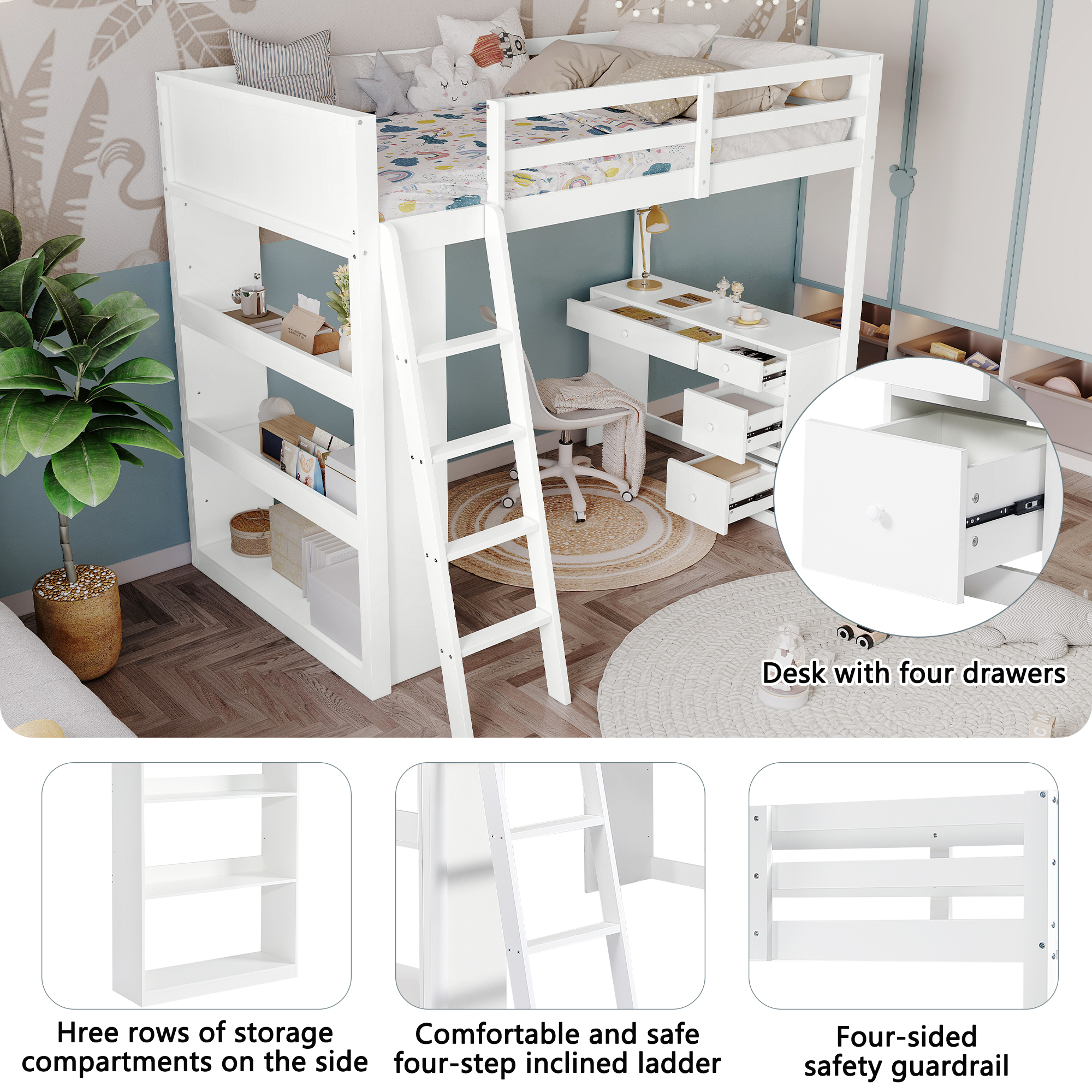 Wooden Bed, Teenage 4-step Ladder, Desk With 4 Drawers, 3 Rows Of Shelves Under — image 5
