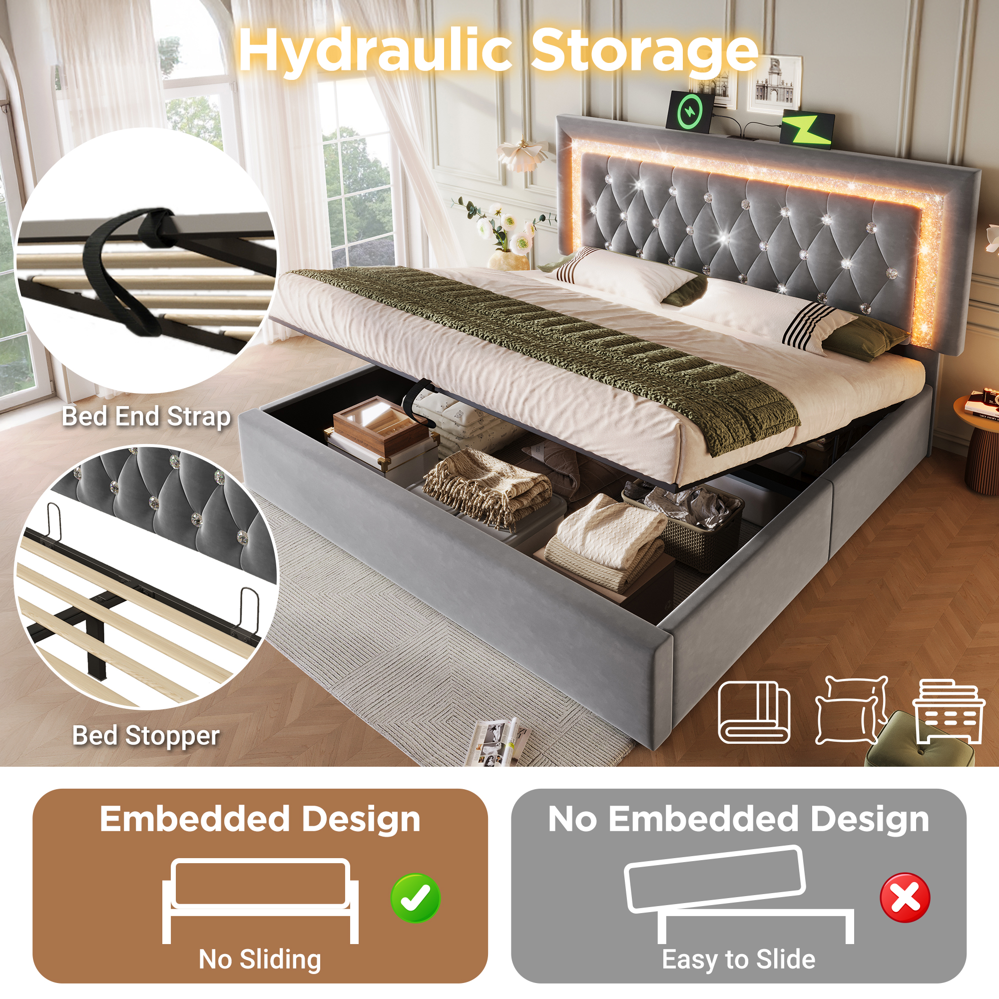 Upholstered Bed 135 X 190 Cm With LED Lighting, USB Type-C Charging, 4ft6 Hydraulic Storage Bed With Adjustable Diamond Tufted Headboard, Velvet, Grey No Mattress