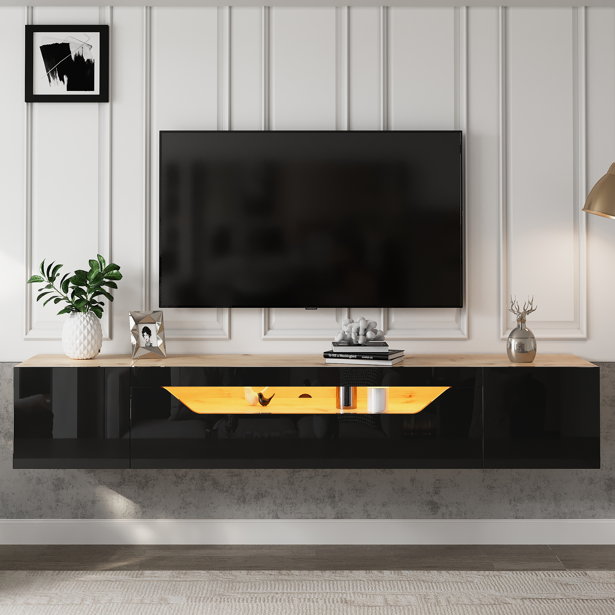 Floating TV Stand Cabinet With LED Lights, High Gloss TV Unit Ll-Down Door — image 5