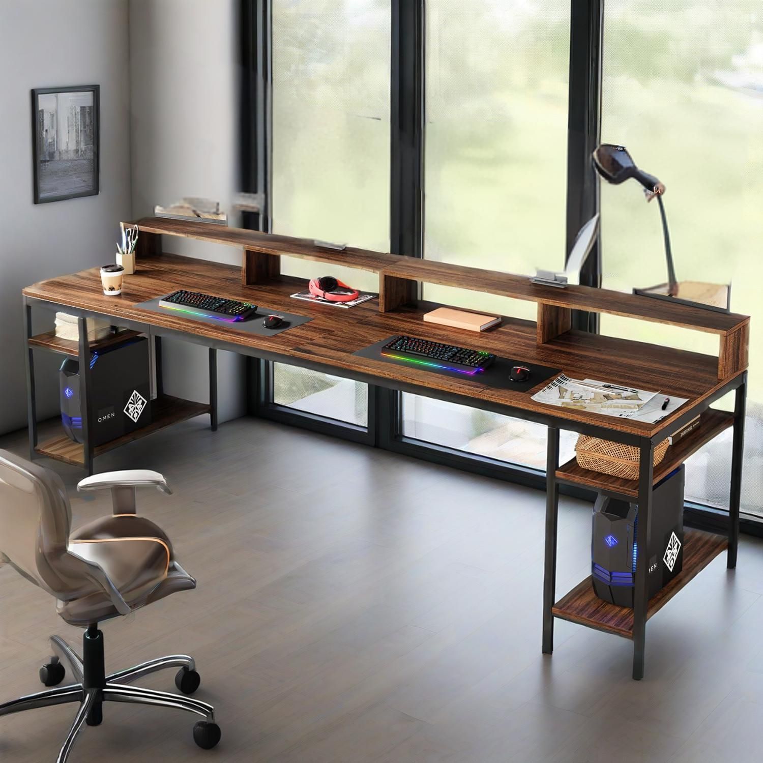 Two Person Desk With Monitor Stand, 78.74" Long Double Computer Office Desk With Storage Shelves, Large Gaming Study Writing Table 4