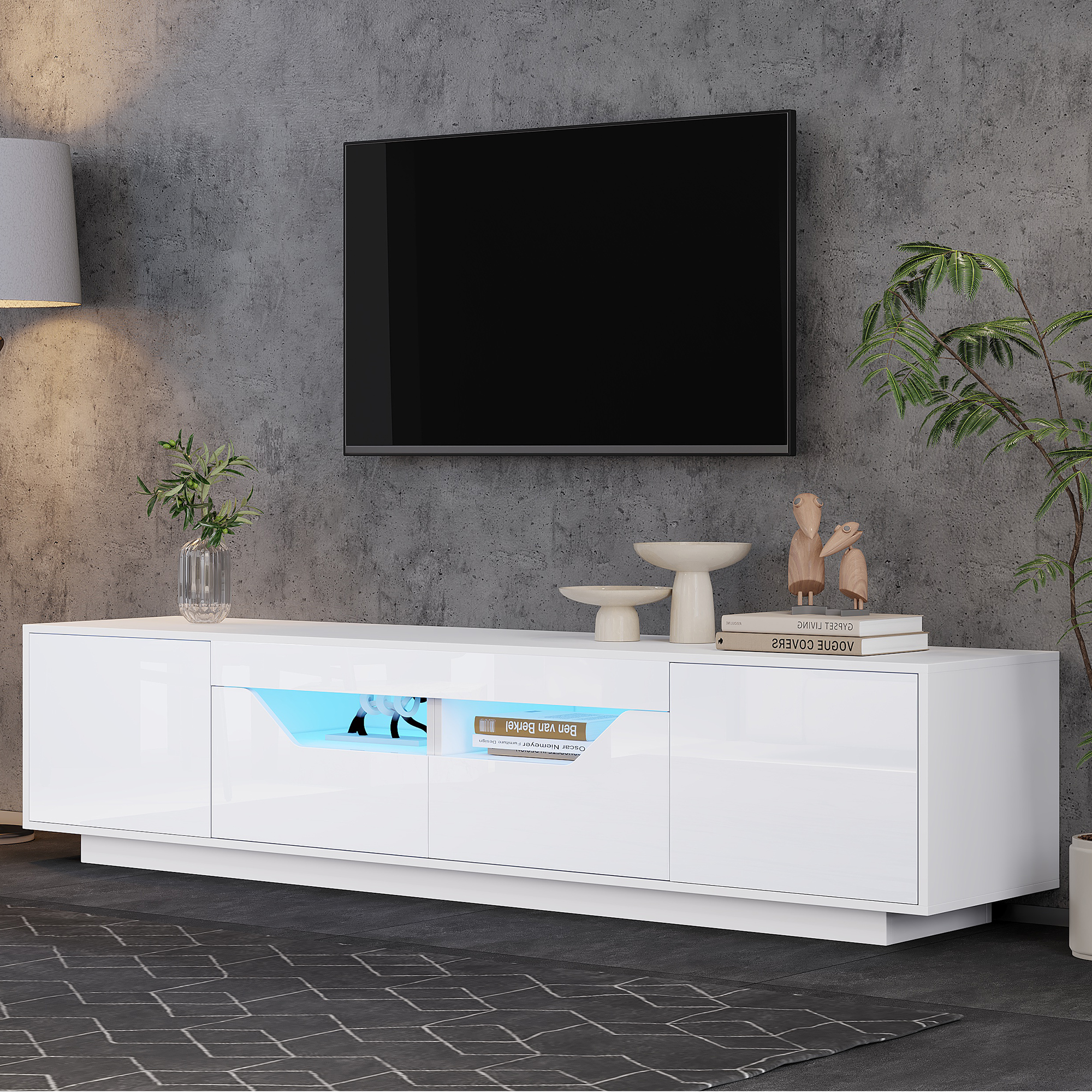 Highgloss TV Stand, 2doors 2drawers 2 Open Storage Areas,TV Cabinet Sideboard — image 2