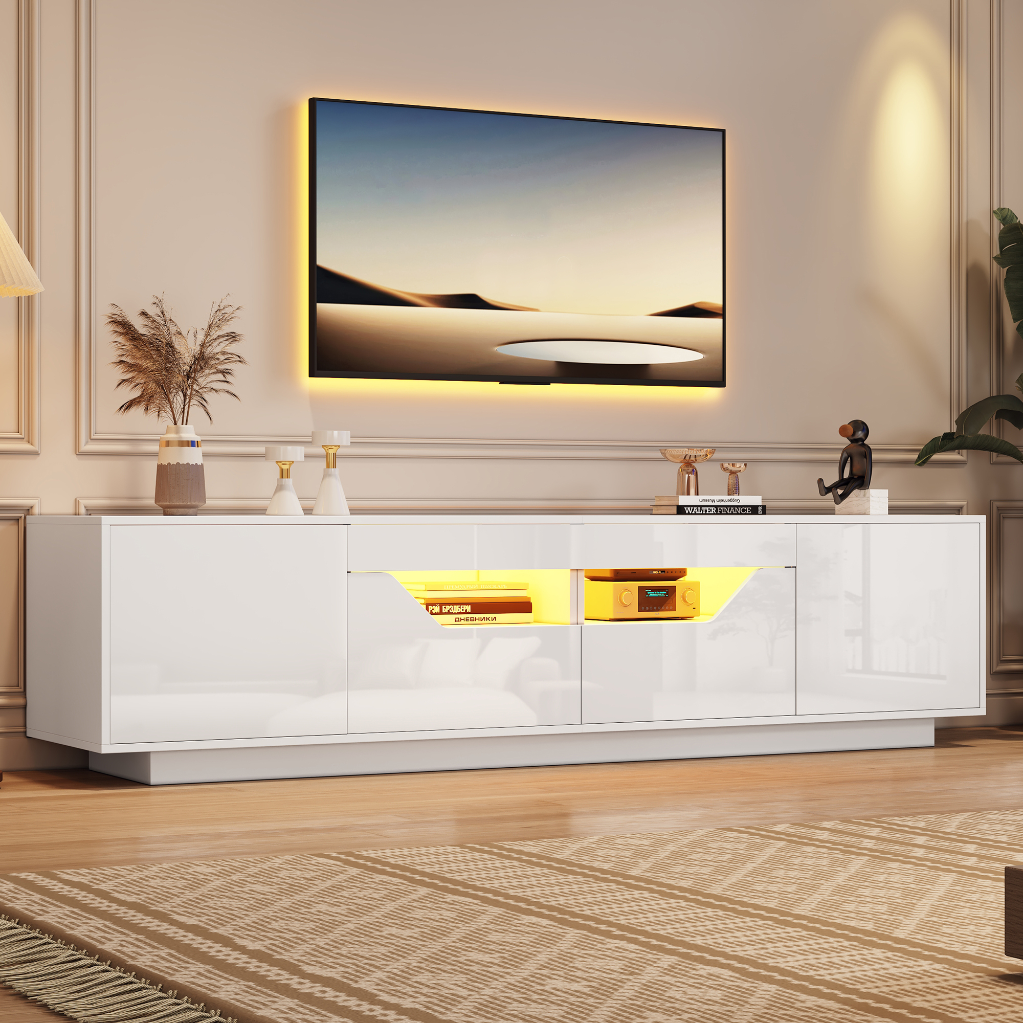 Highgloss TV Stand, 2doors 2drawers 2 Open Storage Areas,TV Cabinet Sideboard — image 3