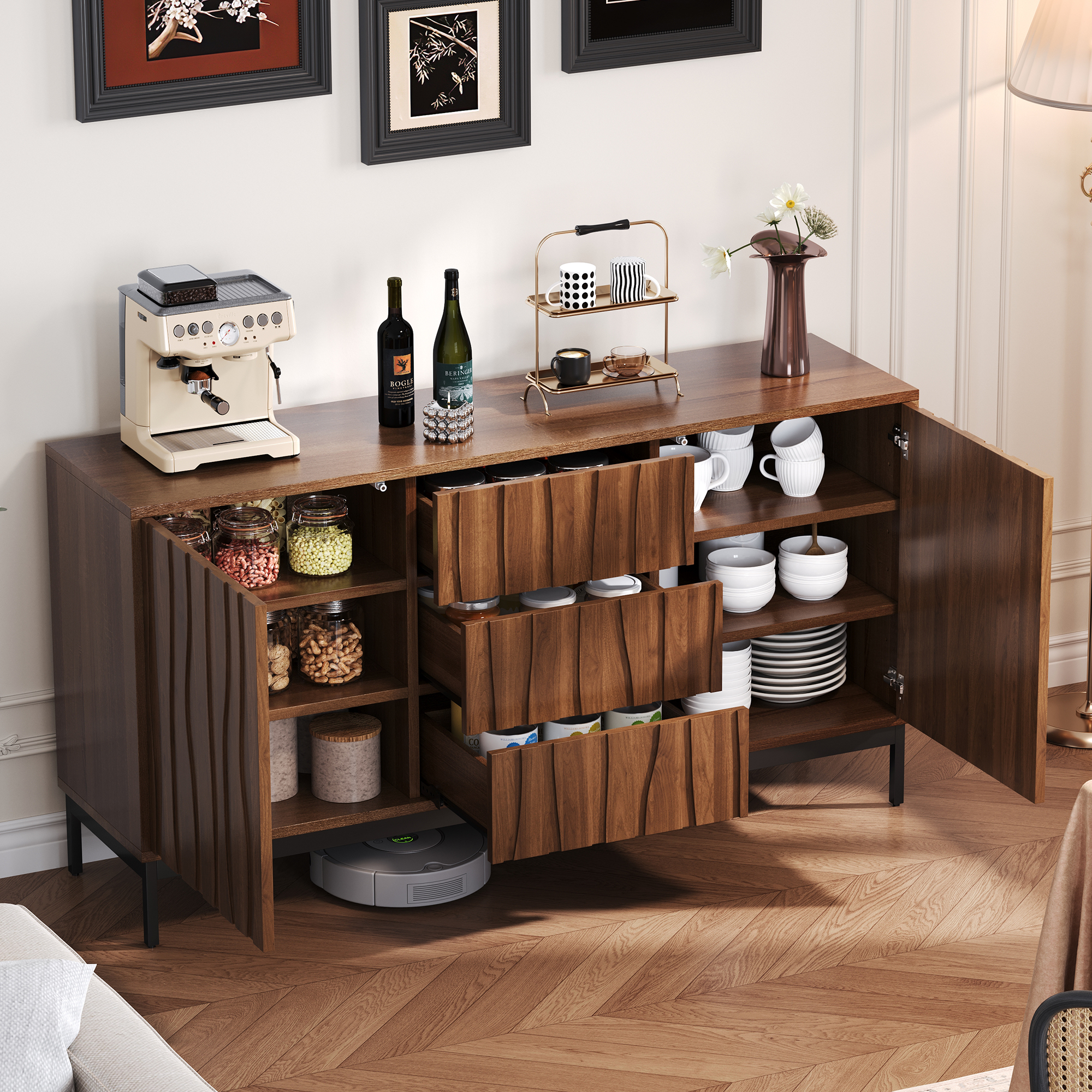 150x40x80cm Dark Oak Grain Sideboard, 3 Drawers, Large Kitchen Cabinet, Single — image 2