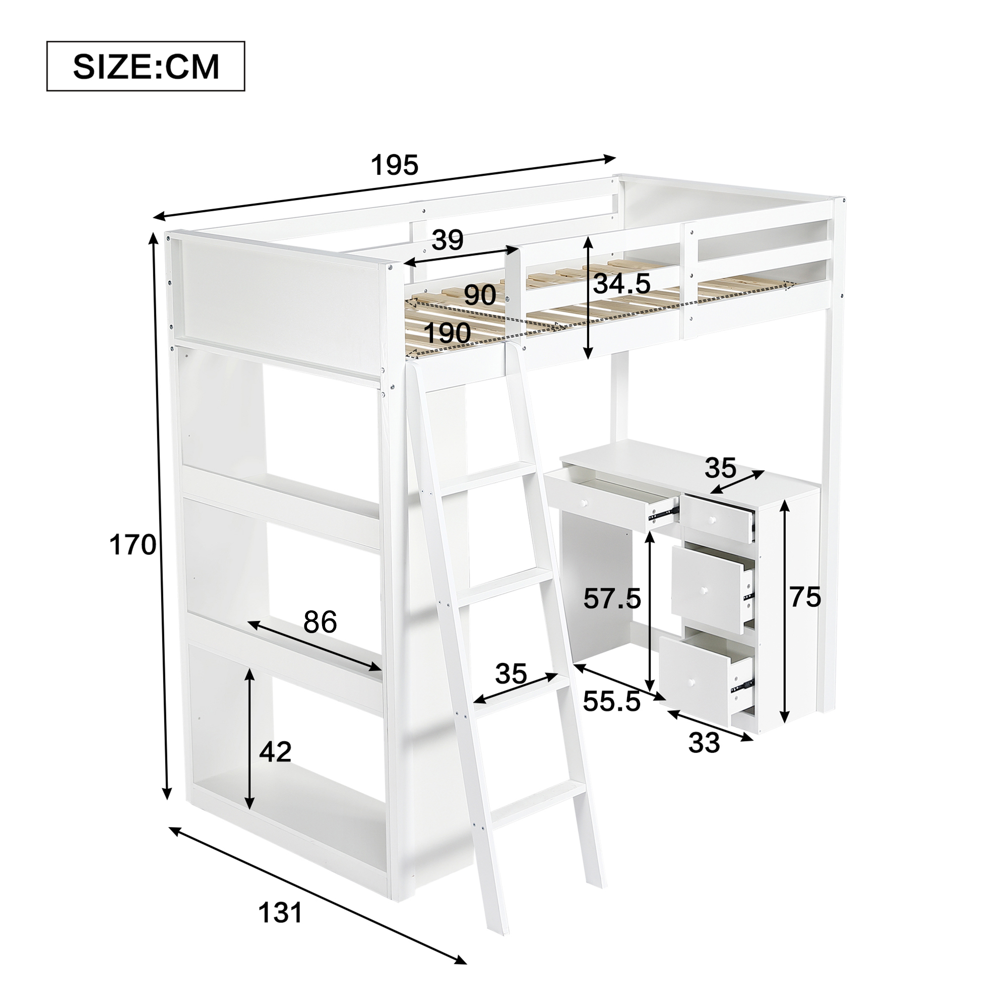 Wooden Bed, Teenage 4-step Ladder, Desk With 4 Drawers, 3 Rows Of Shelves Under — image 2