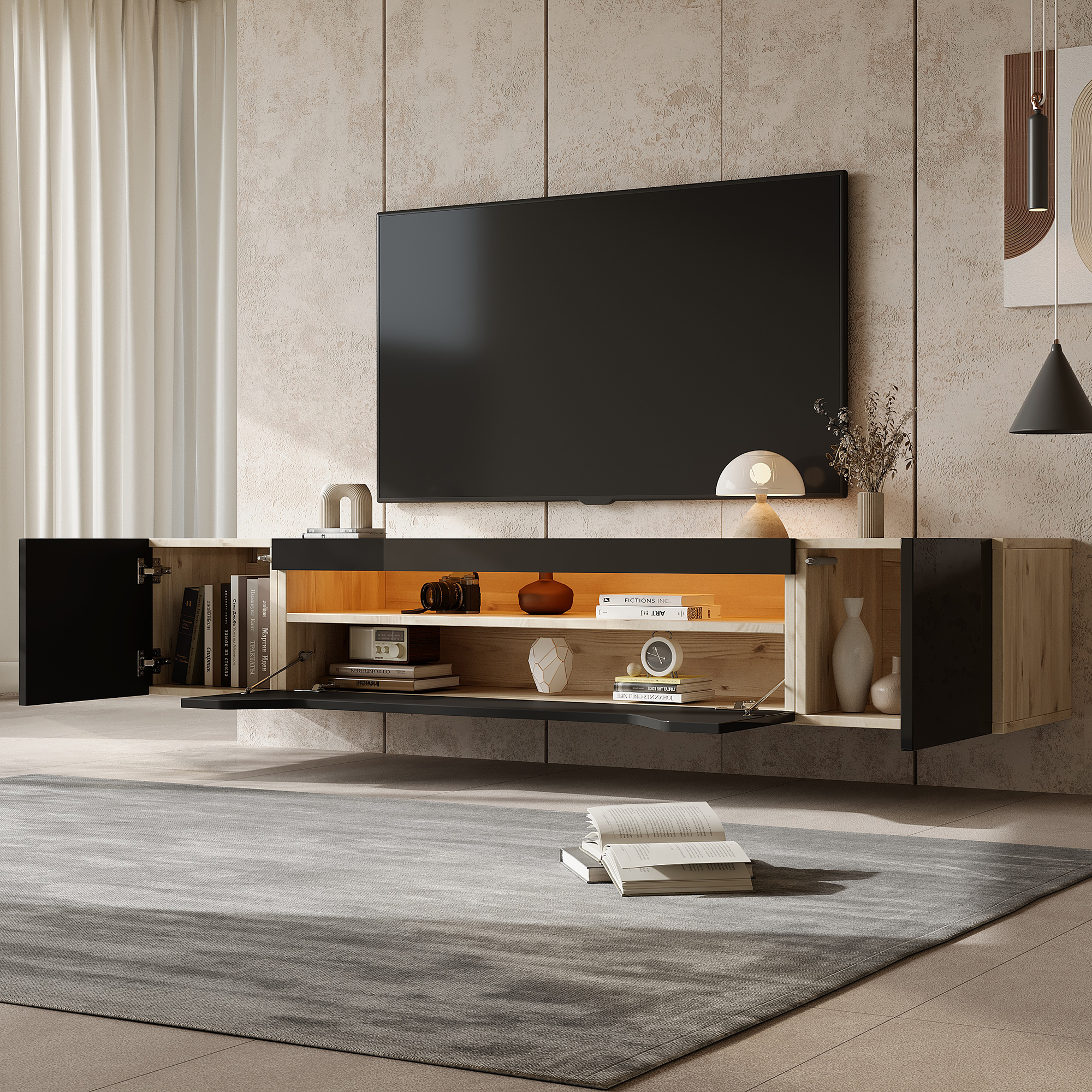 Floating TV Stand Cabinet With LED Lights, High Gloss TV Unit Ll-Down Door — image 4