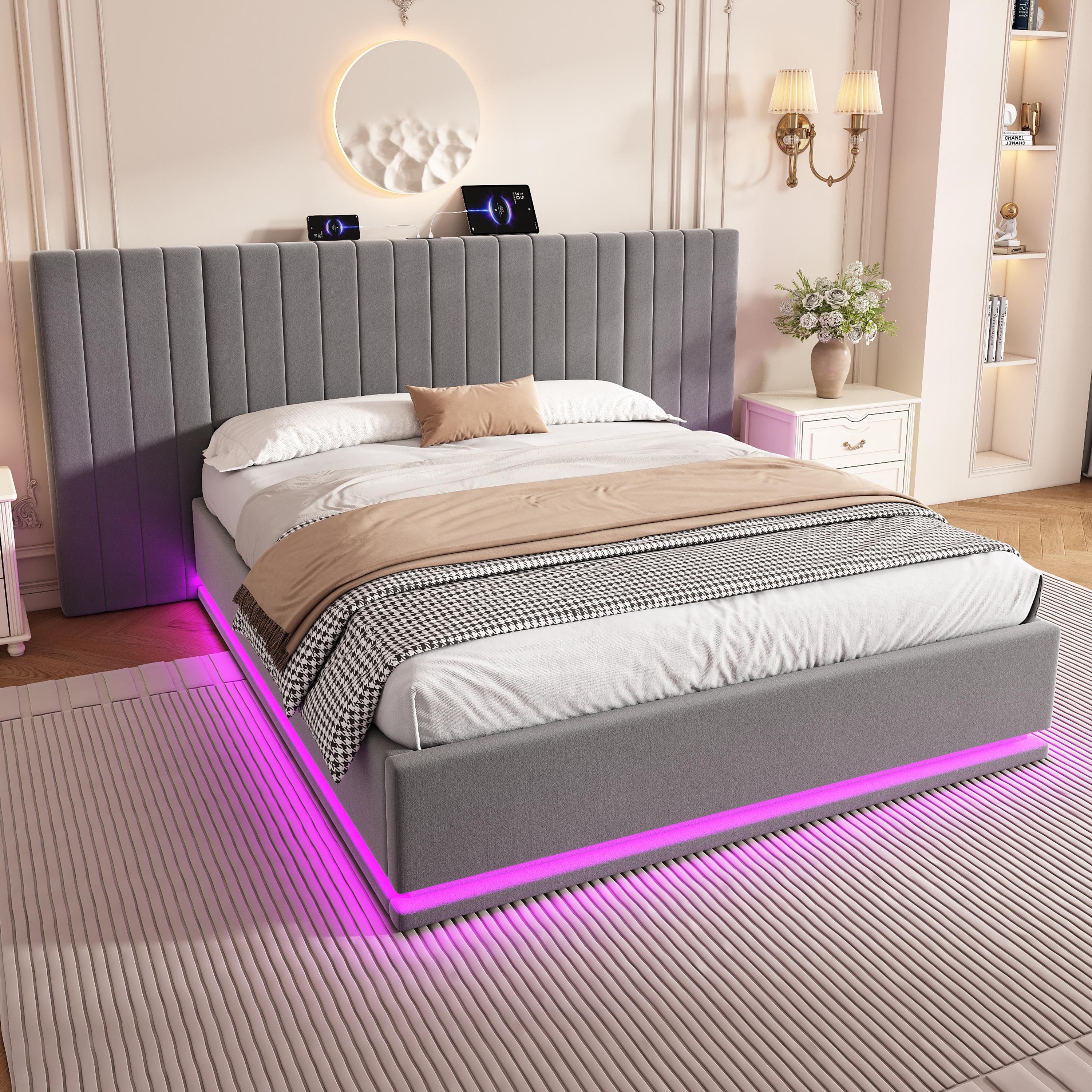 King Ottoman Bed With LED Lighting, Velvet Hydraulic Storage Bed With Charging Station, 5ft King Bed Frame Channel Tufted With Wide Headboard, USB And Type - C Ports, Grey No Mattress
