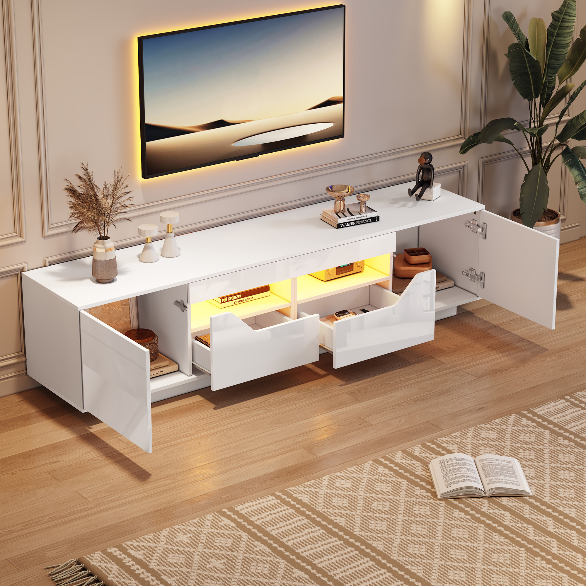 Highgloss TV Stand, 2doors 2drawers 2 Open Storage Areas,TV Cabinet Sideboard — image 5