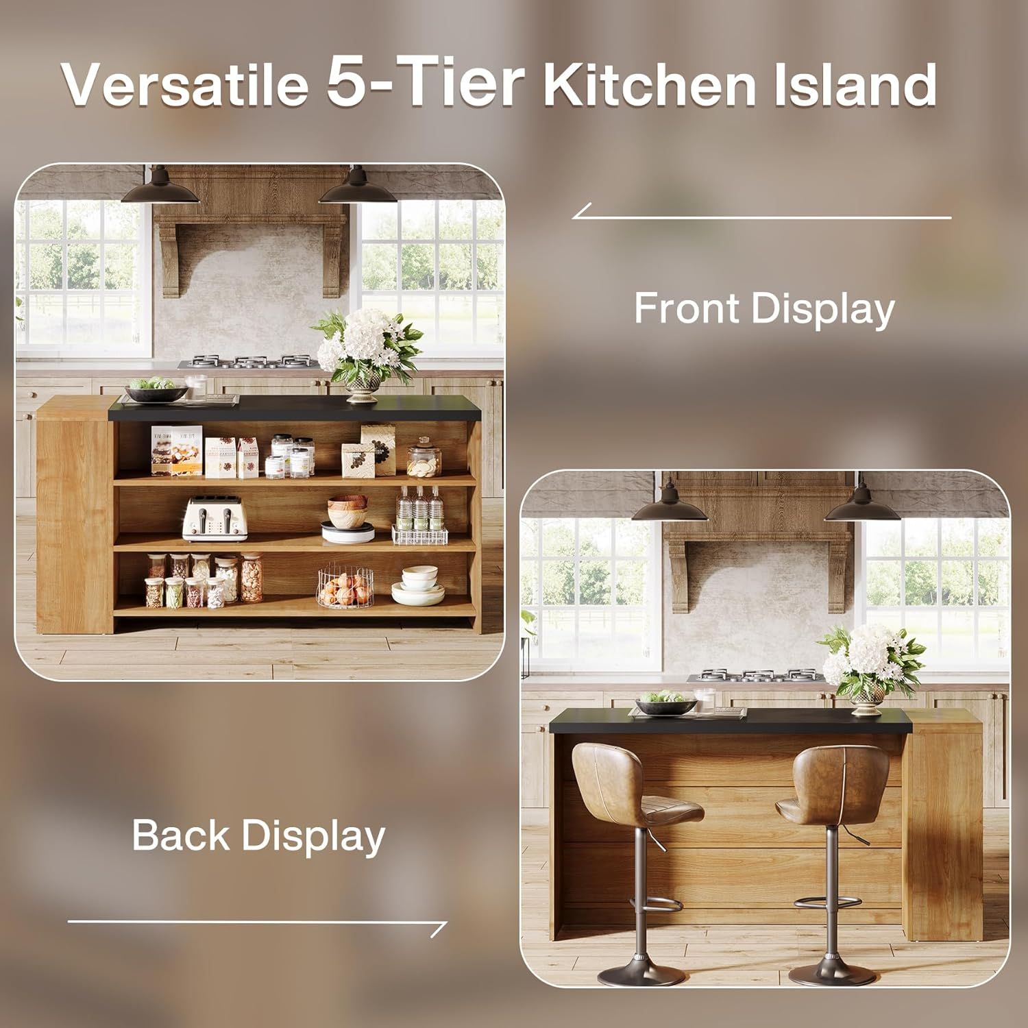 55" Kitchen Island Wood Kitchen Vintage Brown