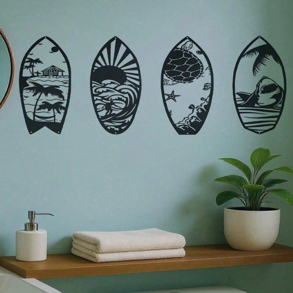 CIFbuy 4 Piece Metal Surfboard Wall Art Coastal Beach House Decor Modern Sculpture For Living Room Bedroom Kitchen Gift(TikTok, Temu Pick-up Service)