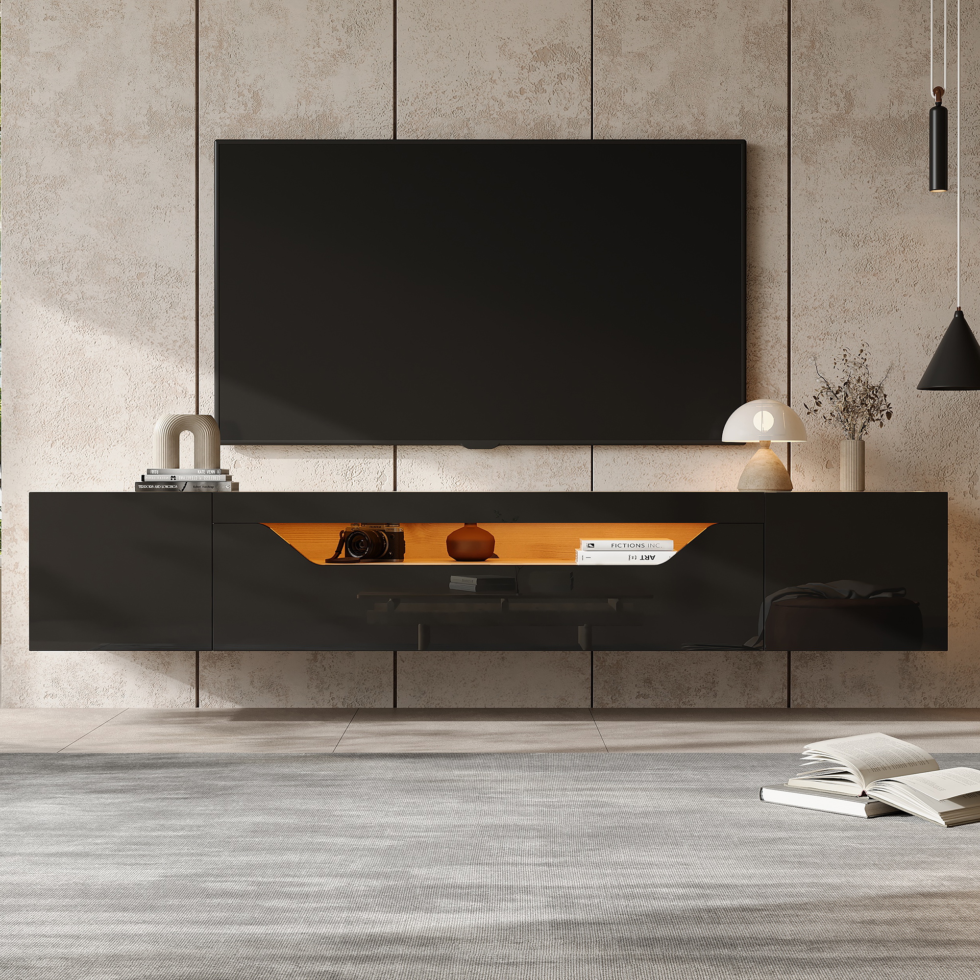 Floating TV Stand Cabinet With LED Lights, High Gloss TV Unit Ll-Down Door — image 3