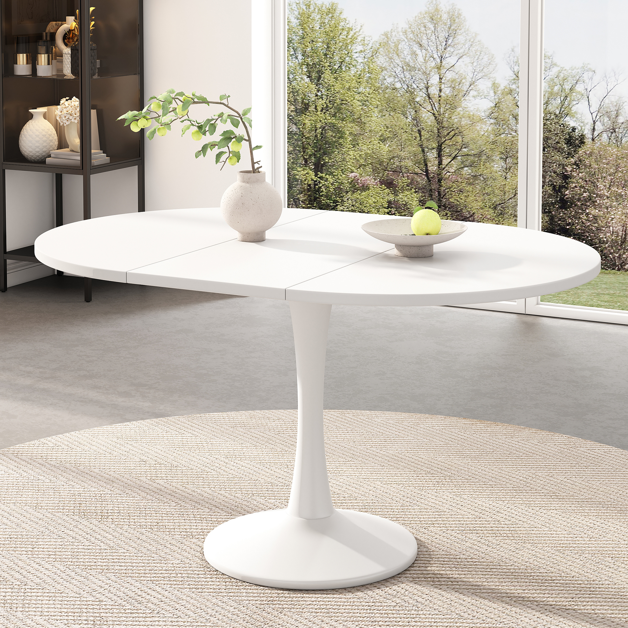 Modern white extendable round dining table seating four to six