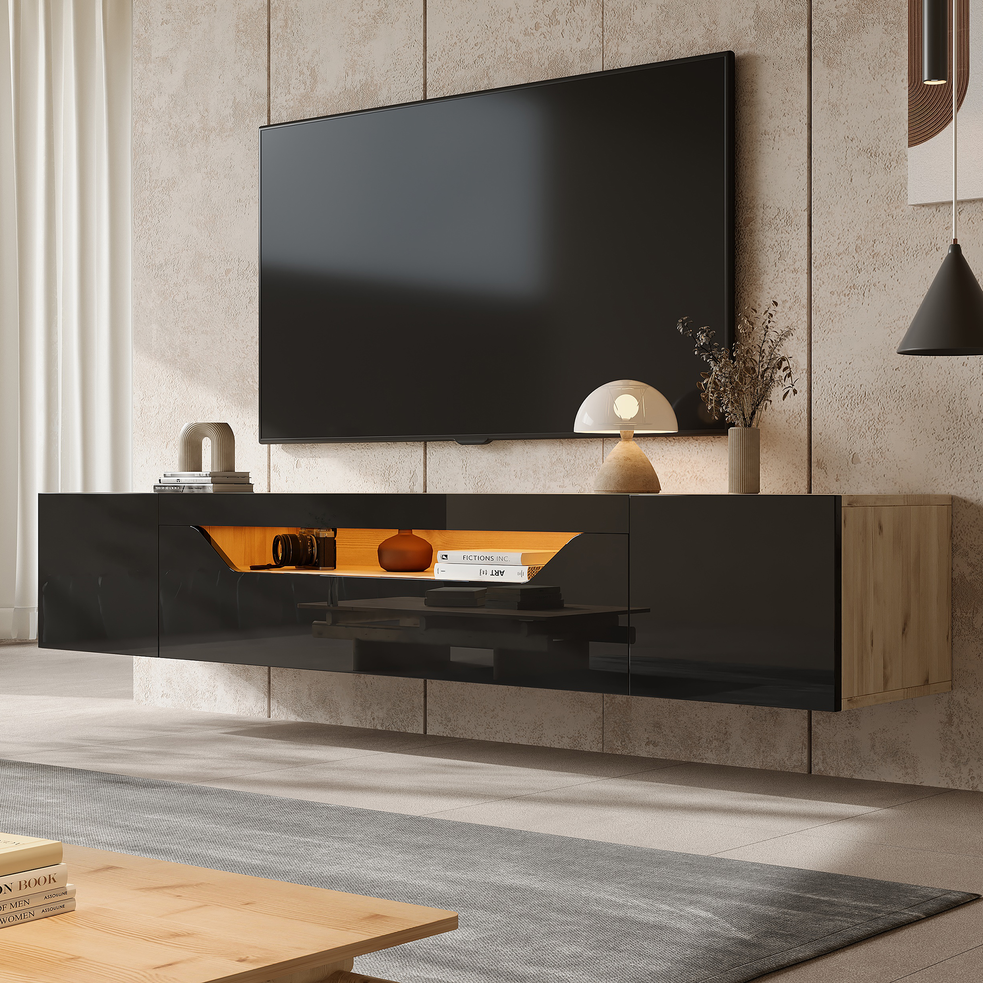 Floating TV Stand Cabinet With LED Lights, High Gloss TV Unit Ll-Down Door — image 2